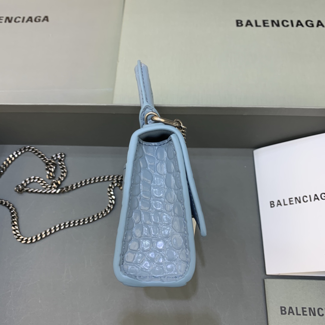 Balenciaga Hourglass Mini Handbag With Chain Crocodile Embossed Shoulder Bag Light blue